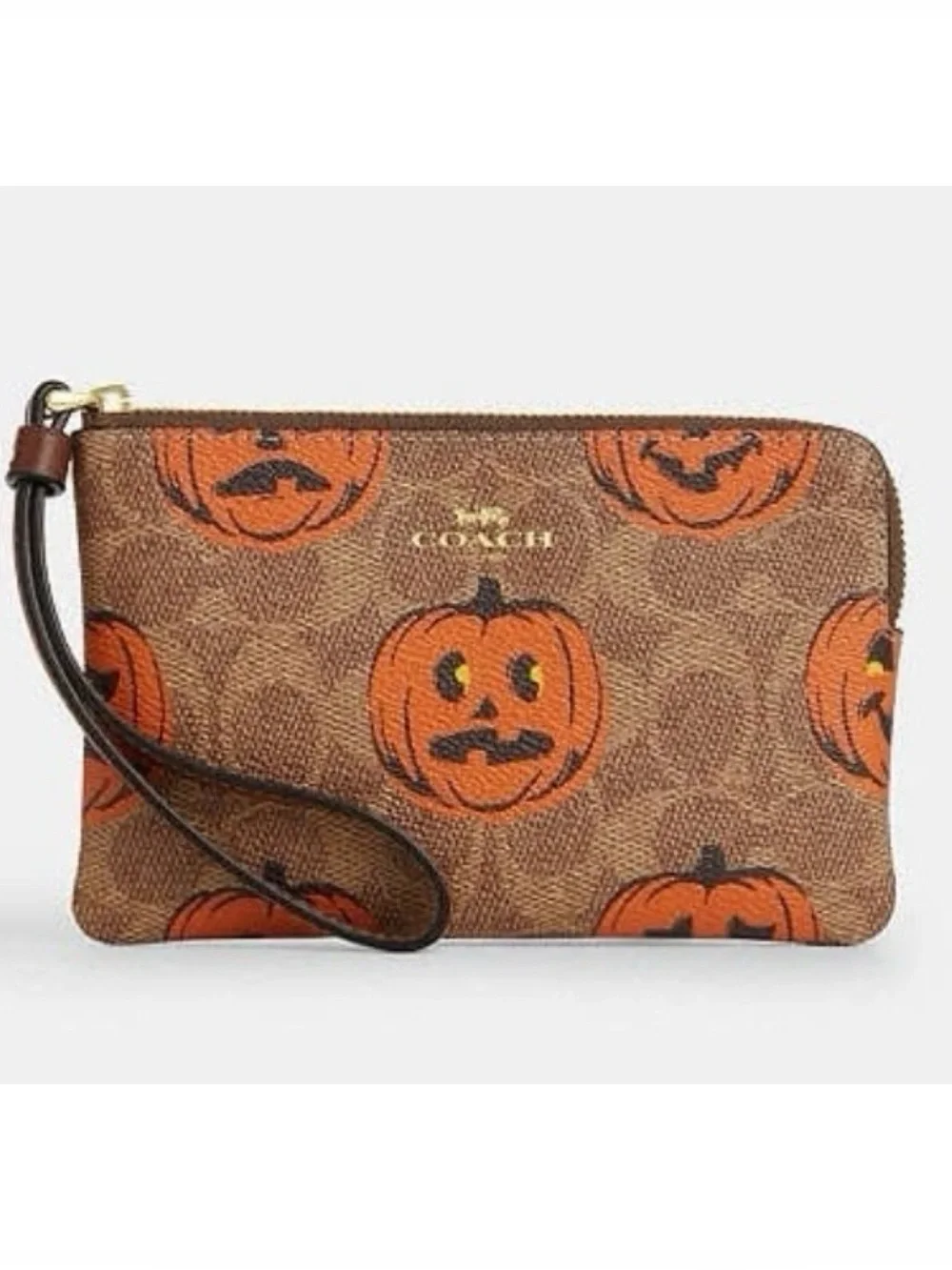 COACH Corner Zip Wristlet In Signature Canvas With PUMPKIN HALLOWEEN PRINT